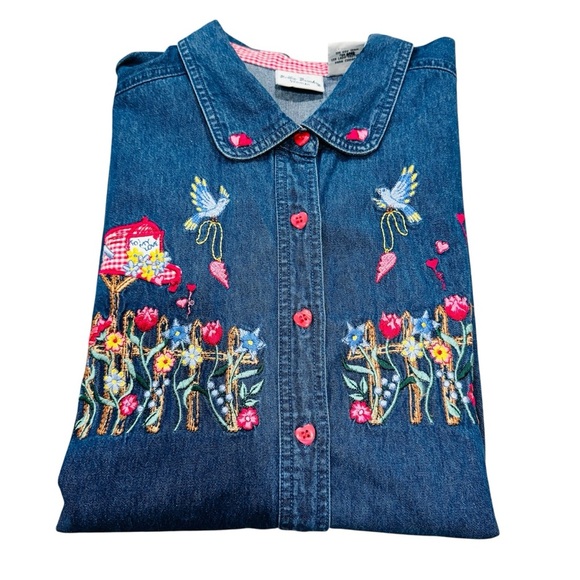 Bobbie Brooks Vintage Floral Heart Valentines Day Denim Y2K Short Sleeve Top - Picture 1 of 8